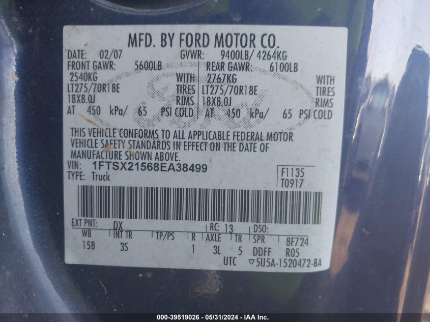 2008 Ford F-250 Fx4/Lariat/Xl/Xlt VIN: 1FTSX21568EA38499 Lot: 39519026