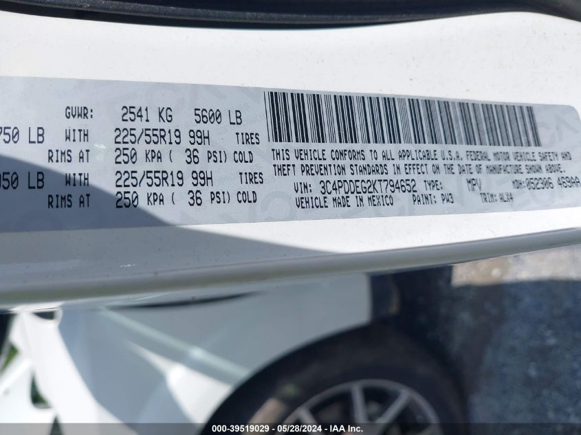 2019 Dodge Journey Gt Awd VIN: 3C4PDDEG2KT794652 Lot: 39519029