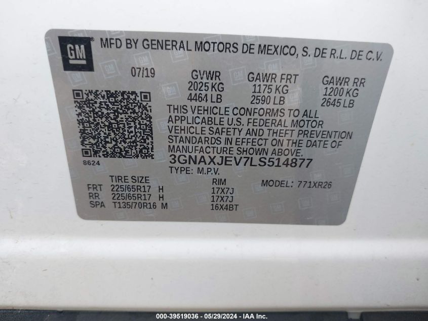 2020 Chevrolet Equinox Fwd 2Fl VIN: 3GNAXJEV7LS514877 Lot: 39519036