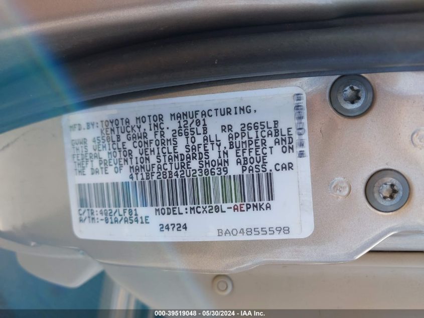 2002 Toyota Avalon Xl VIN: 4T1BF28B42U230639 Lot: 39519048