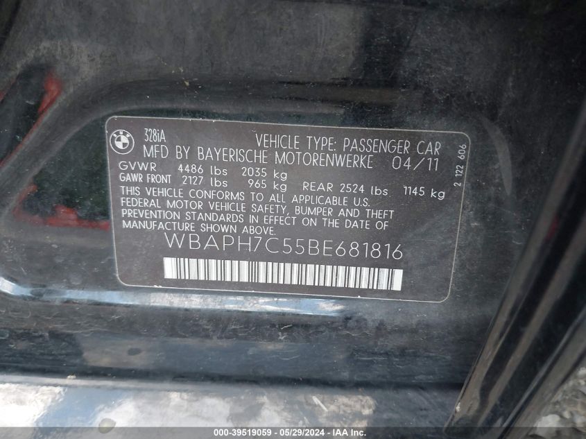 2011 BMW 328I VIN: WBAPH7C55BE681816 Lot: 39519059