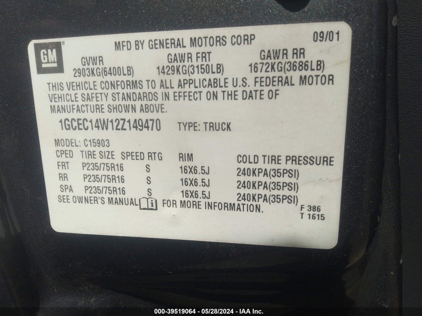 2002 Chevrolet Silverado 1500 Commercial VIN: 1GCEC14W12Z149470 Lot: 39519064