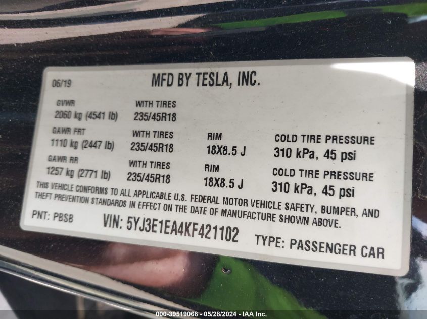 2019 Tesla Model 3 Long Range/Mid Range/Standard Range/Standard Range Plus VIN: 5YJ3E1EA4KF421102 Lot: 39519068