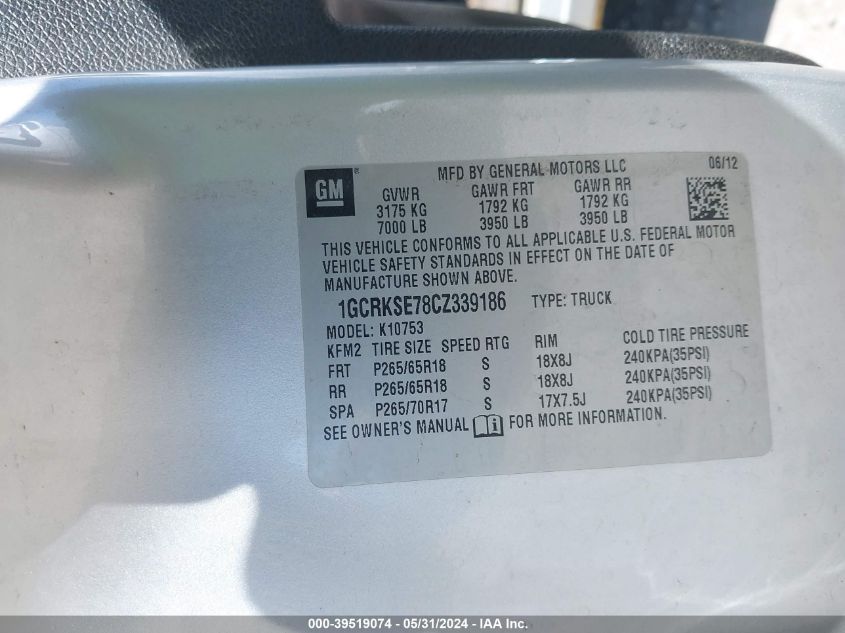 2012 Chevrolet Silverado 1500 Lt VIN: 1GCRKSE78CZ339186 Lot: 39519074