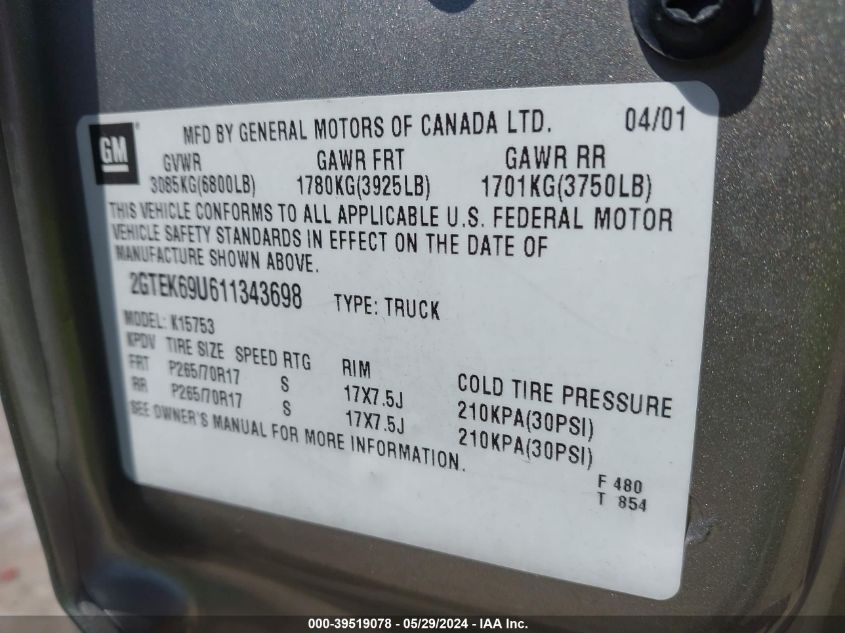 2001 GMC Sierra 1500 C3 VIN: 2GTEK69U611343698 Lot: 39519078