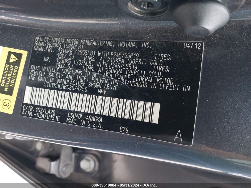 2012 Toyota Highlander Limited V6 VIN: 5TDYK3EH6CS074750 Lot: 39519084