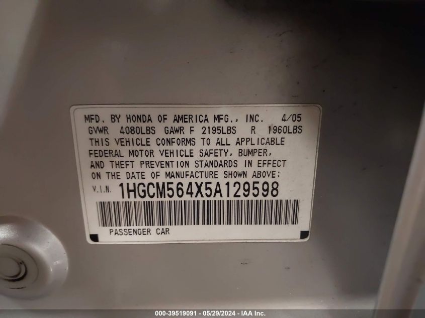 2005 Honda Accord 2.4 Lx VIN: 1HGCM564X5A129598 Lot: 39519091