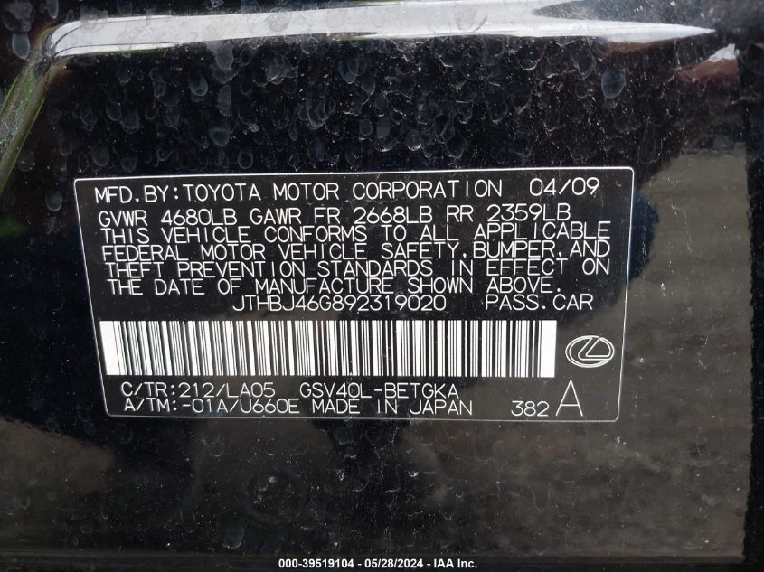 2009 Lexus Es 350 VIN: JTHBJ46G892319020 Lot: 39519104