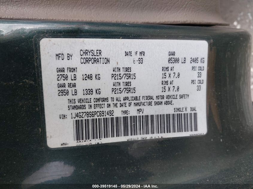 1993 Jeep Grand Cherokee Limited VIN: 1J4GZ78S6PC691492 Lot: 39519145