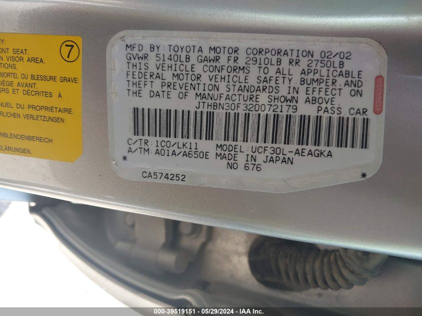 2002 Lexus Ls 430 VIN: JTHBN30F320072179 Lot: 39519151