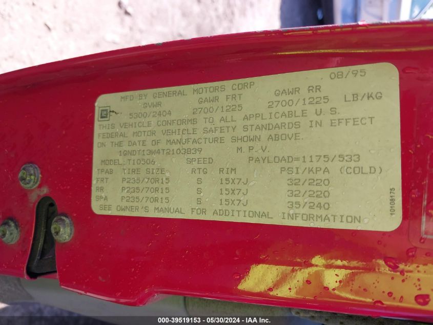 1996 Chevrolet Blazer VIN: 1GNDT13W4T2103839 Lot: 39519153