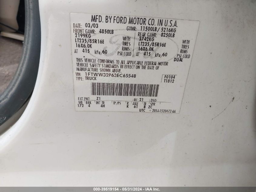 2003 Ford F-350 Lariat/Xl/Xlt VIN: 1FTWW32P63EC65548 Lot: 39519154