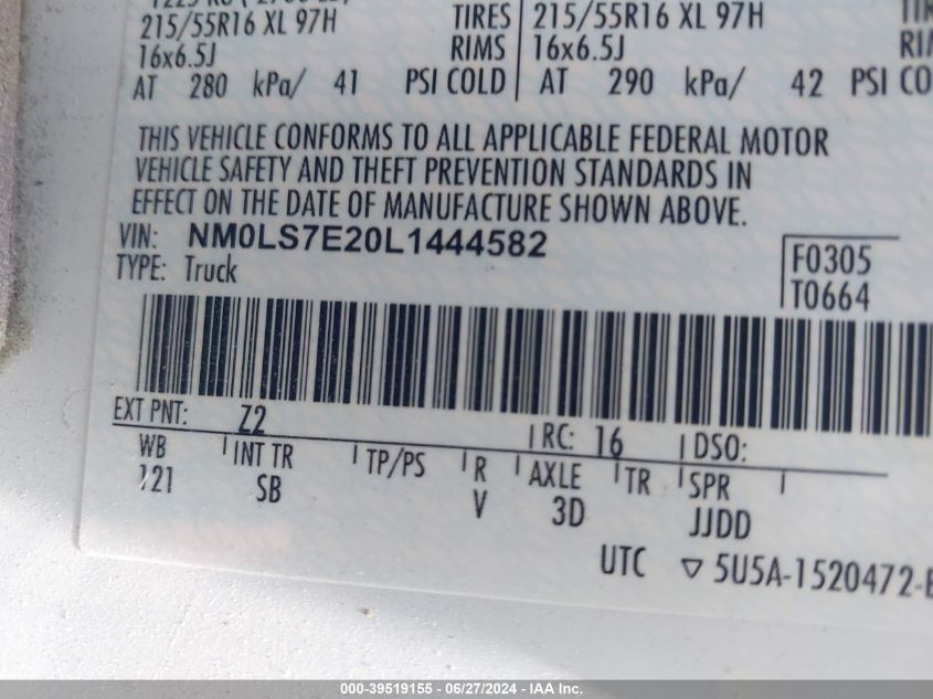 NM0LS7E20L1444582 2020 Ford Transit Connect Xl