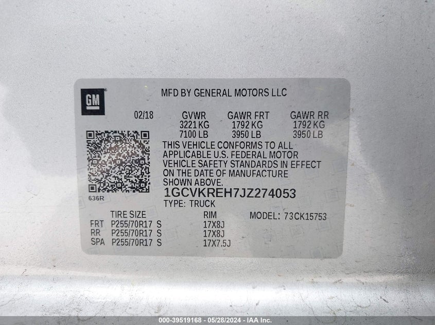 2018 Chevrolet Silverado 1500 1Lt VIN: 1GCVKREH7JZ274053 Lot: 39519168