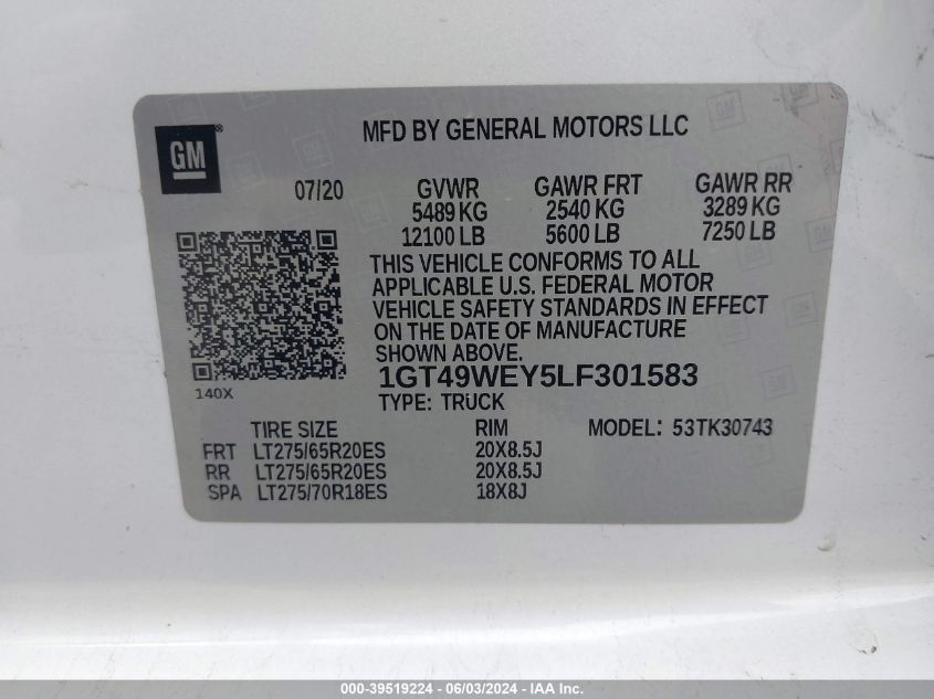 2020 GMC Sierra 3500Hd 4Wd Standard Bed Denali VIN: 1GT49WEY5LF301583 Lot: 39519224