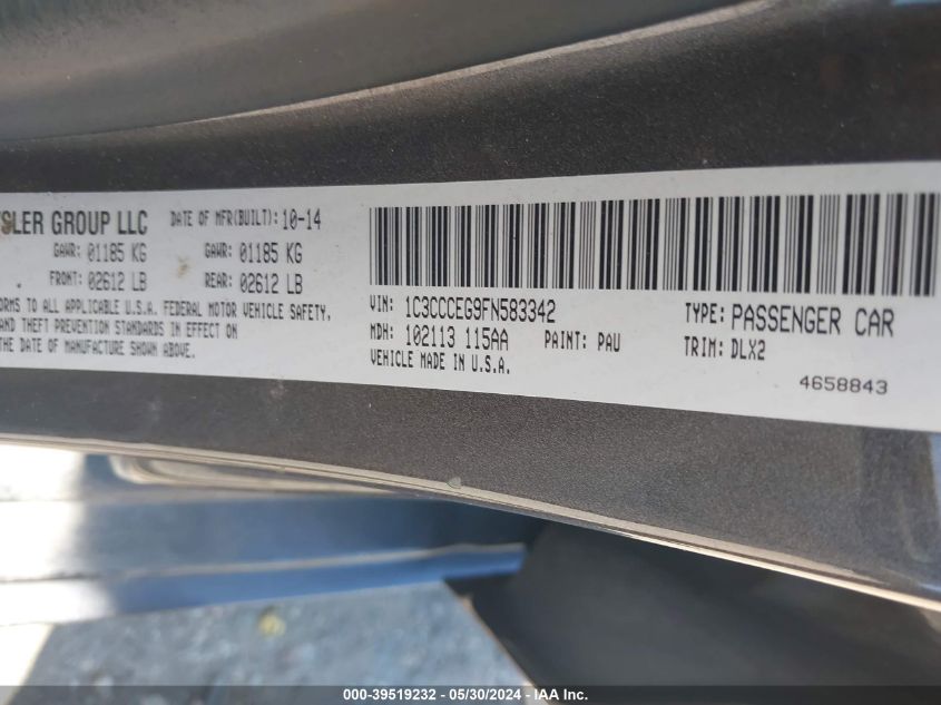 2015 Chrysler 200 C VIN: 1C3CCCEG9FN583342 Lot: 39519232