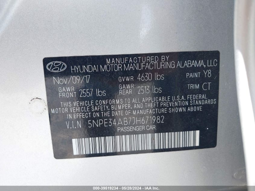 2018 Hyundai Sonata Sport 2.0T VIN: 5NPE34AB7JH671982 Lot: 39519234