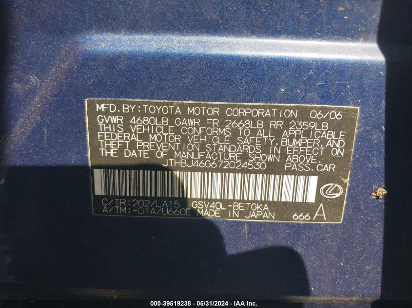 2007 Lexus Es 350 VIN: JTHBJ46G672024530 Lot: 39519238