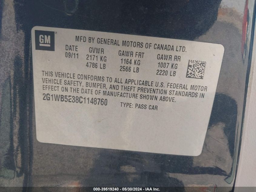 2012 Chevrolet Impala Lt VIN: 2G1WB5E38C1148760 Lot: 39519240