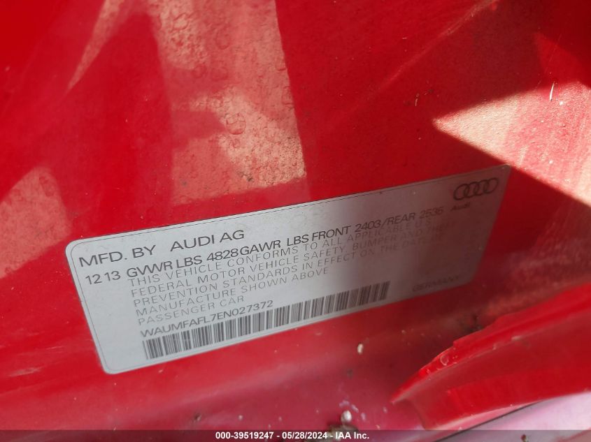 2014 Audi A4 2.0T Premium VIN: WAUMFAFL7EN027372 Lot: 39519247