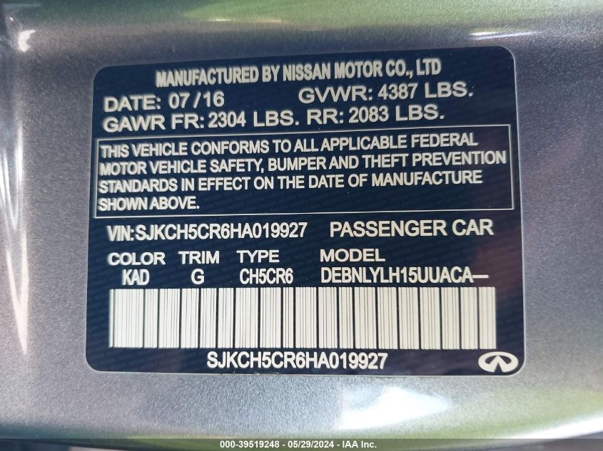 2017 Infiniti Qx30 Premium VIN: SJKCH5CR6HA019927 Lot: 39519248