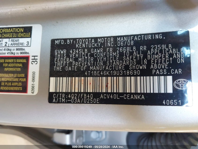 2009 Toyota Camry Le VIN: 4T1BE46K19U318690 Lot: 39519249