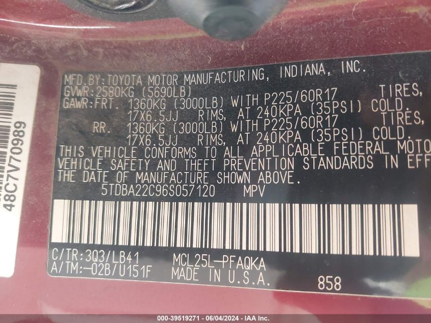 2006 Toyota Sienna Xle Limited VIN: 5TDBA22C96S057120 Lot: 39519271