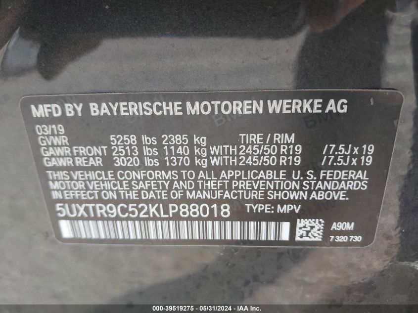 2019 BMW X3 xDrive30I VIN: 5UXTR9C52KLP88018 Lot: 39519275