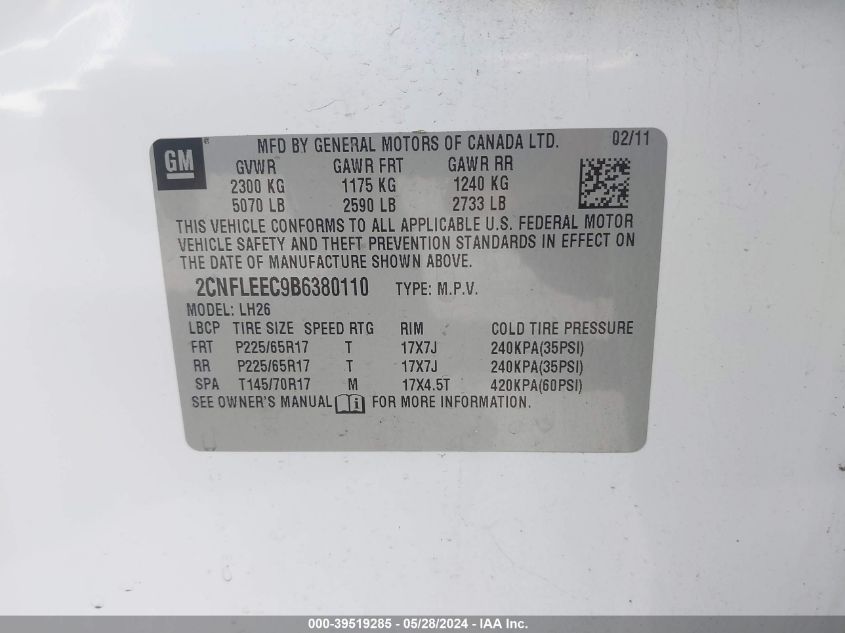 2011 Chevrolet Equinox 1Lt VIN: 2CNFLEEC9B6380110 Lot: 39519285