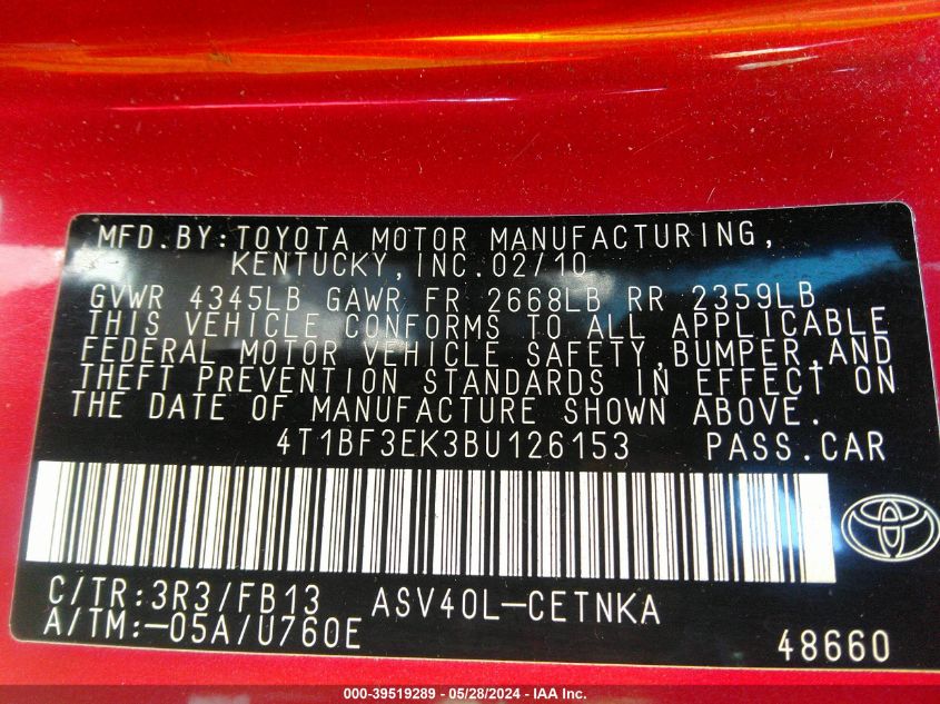 4T1BF3EK3BU126153 2011 Toyota Camry Le