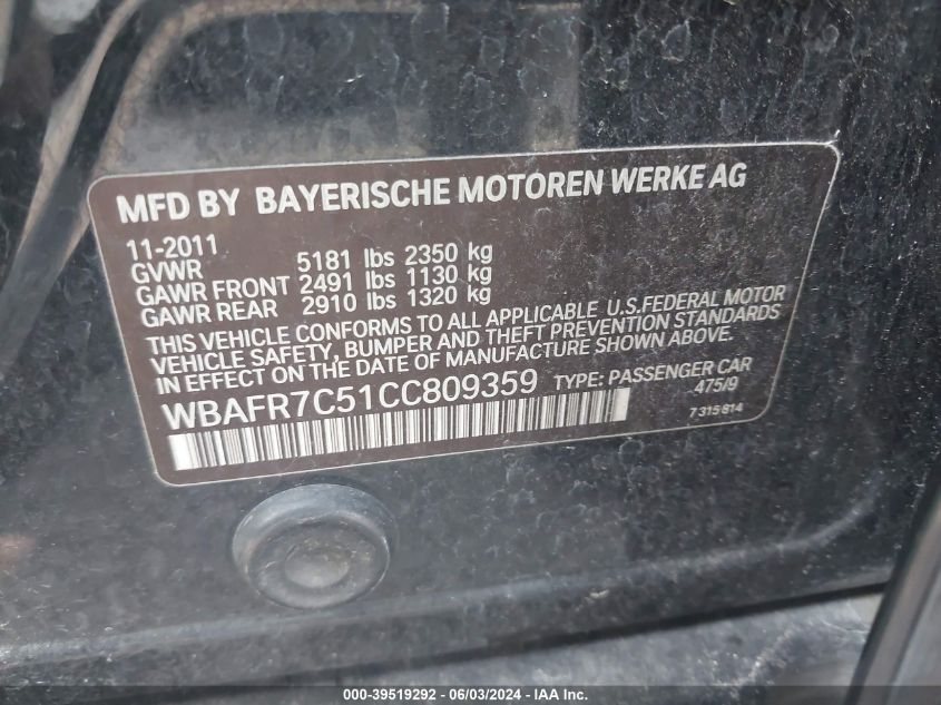 2012 BMW 535I VIN: WBAFR7C51CC809359 Lot: 39519292