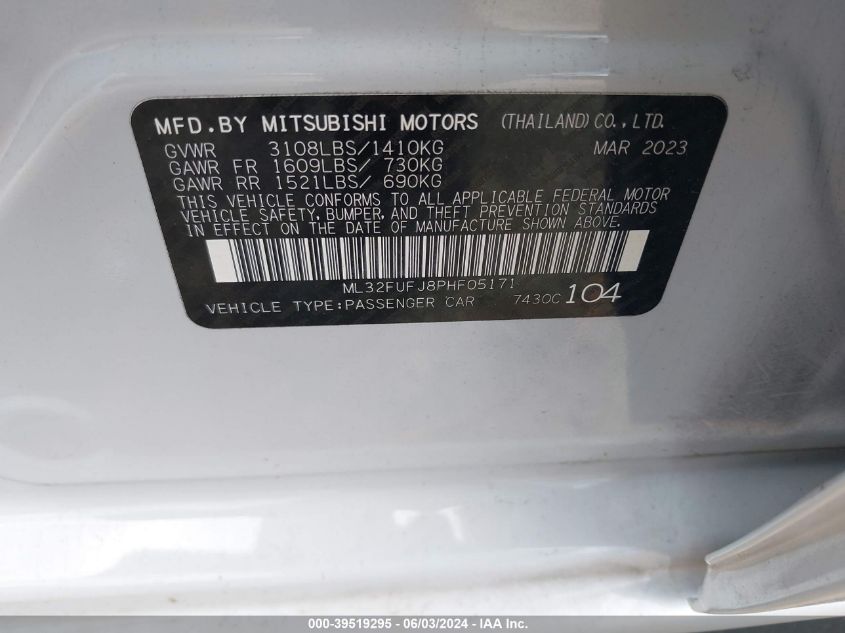 2023 Mitsubishi Mirage G4 Es VIN: ML32FUFJ8PHF05171 Lot: 39519295