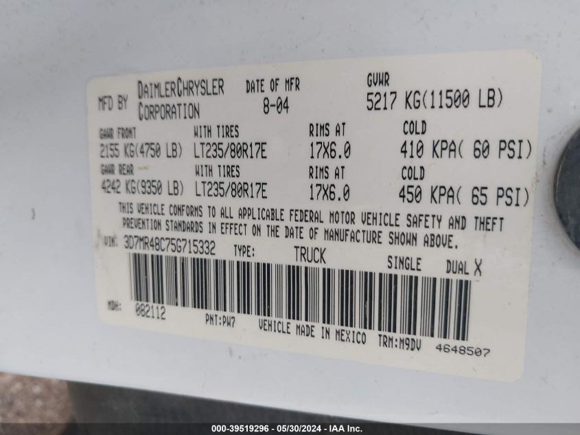 2005 Dodge Ram 3500 Slt/Laramie VIN: 3D7MR48C75G715332 Lot: 39519296