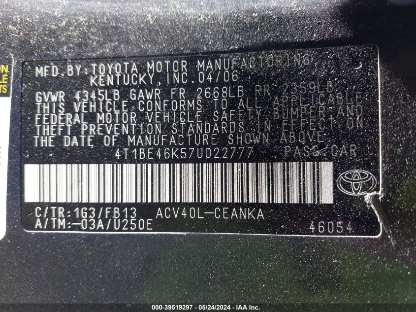 2007 Toyota Camry Le VIN: 4T1BE46K57U022777 Lot: 39519297