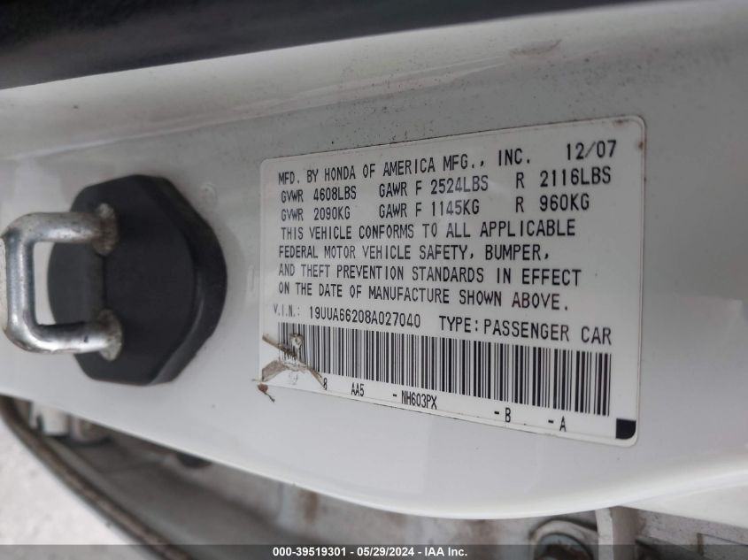 2008 Acura Tl 3.2 VIN: 19UUA66208A027040 Lot: 39519301