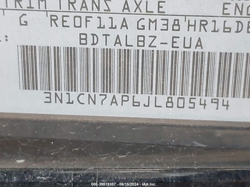 2018 Nissan Versa 1.6 Sv VIN: 3N1CN7AP6JL805494 Lot: 39519307