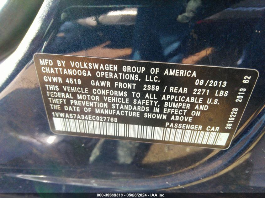 1VWAS7A34EC027768 | 2014 VOLKSWAGEN PASSAT