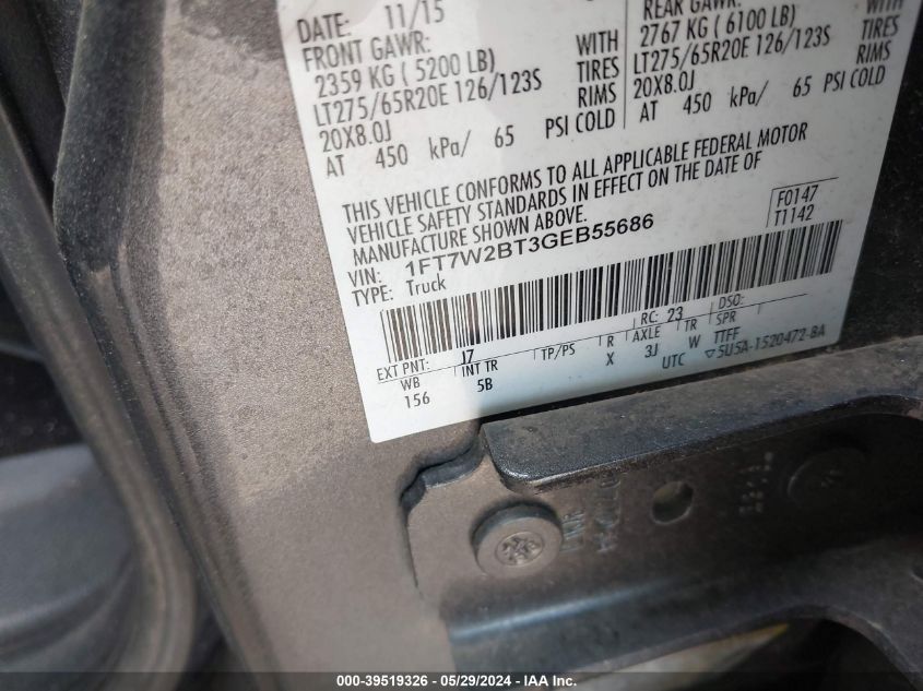 2016 Ford F-250 Lariat VIN: 1FT7W2BT3GEB55686 Lot: 39519326