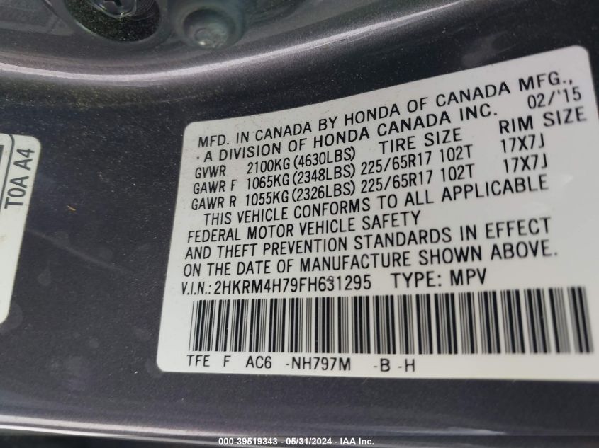 2015 Honda Cr-V Ex-L VIN: 2HKRM4H79FH631295 Lot: 39519343