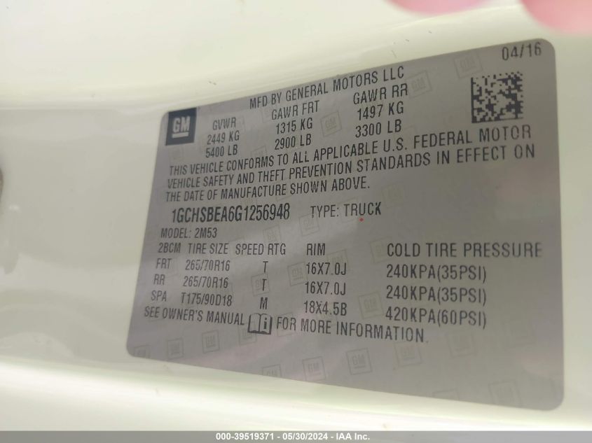 2016 Chevrolet Colorado Wt VIN: 1GCHSBEA6G1256948 Lot: 39519371