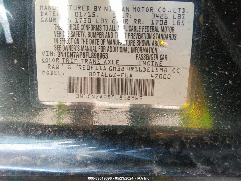 2015 NISSAN VERSA S/S PLUS/SV/SL - 3N1CN7AP8FL898963