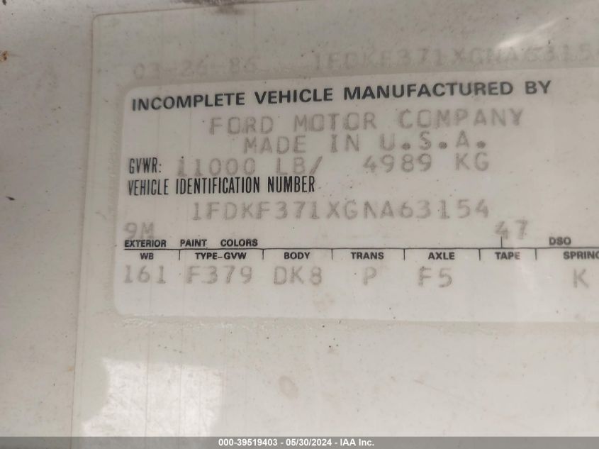 1986 Ford F350 VIN: 1FDKF371XGNA63154 Lot: 39519403