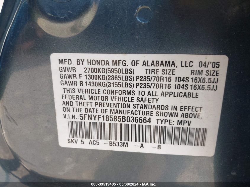 2005 Honda Pilot Ex-L VIN: 5FNYF18585B036664 Lot: 39519405