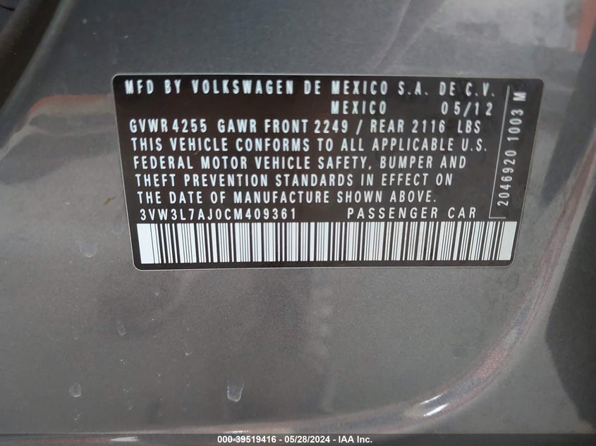 2012 Volkswagen Jetta 2.0L Tdi VIN: 3VW3L7AJ0CM409361 Lot: 39519416