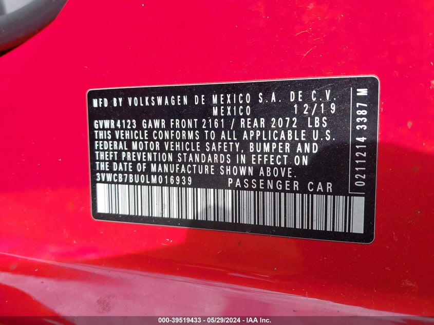 2020 Volkswagen Jetta 1.4T R-Line/1.4T S/1.4T Se VIN: 3VWCB7BU0LM016939 Lot: 39519433