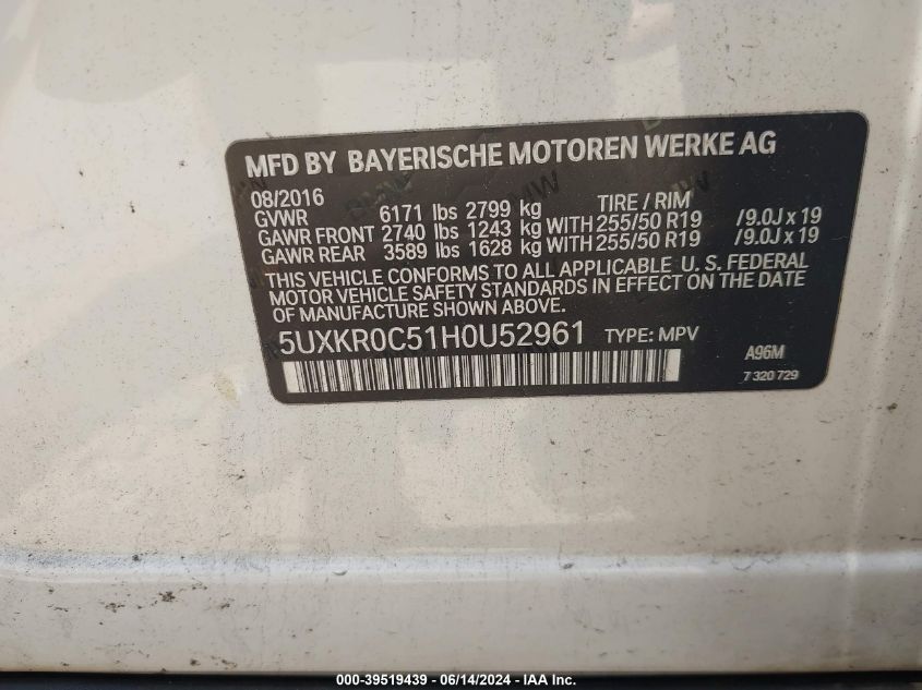 2017 BMW X5 xDrive35I VIN: 5UXKR0C51H0U52961 Lot: 39519439