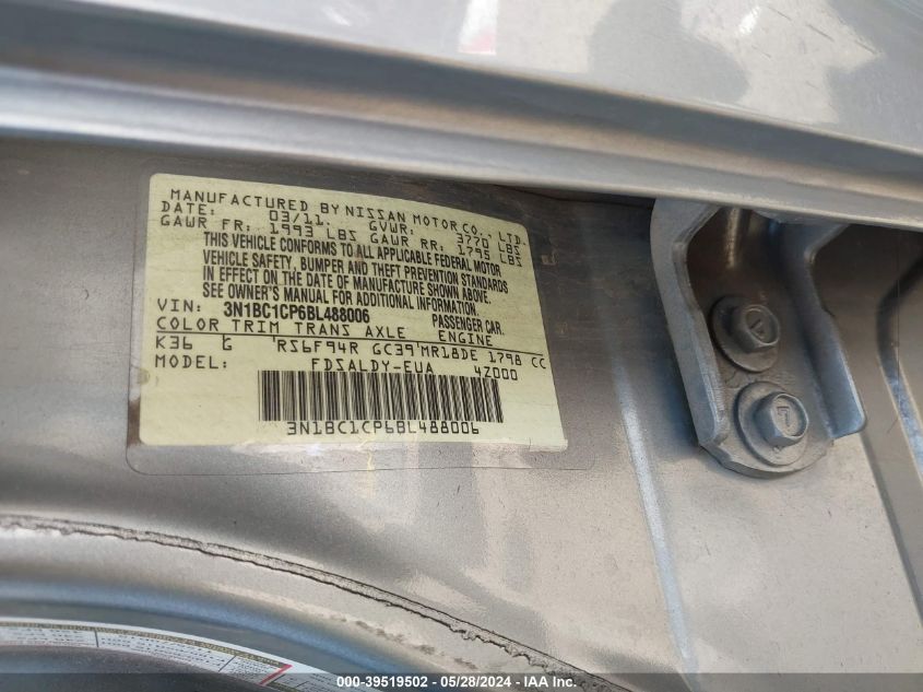 2011 Nissan Versa 1.8S VIN: 3N1BC1CP6BL488006 Lot: 39519502