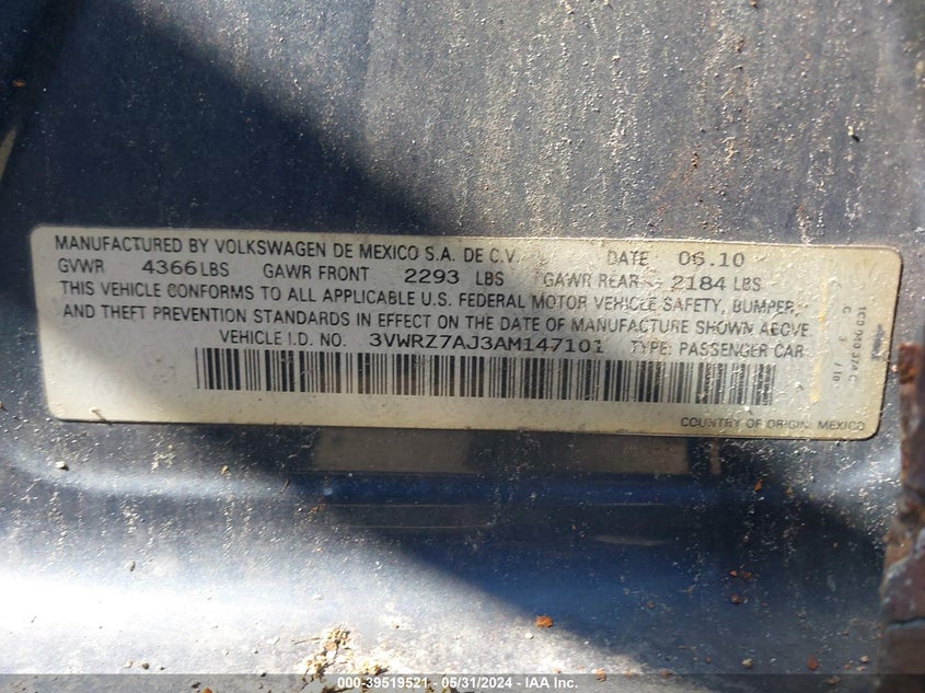 2010 Volkswagen Jetta Limited Edition VIN: 3VWRZ7AJ3AM147101 Lot: 39519521