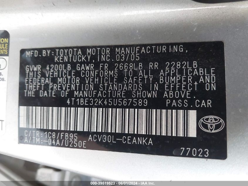2005 Toyota Camry Std VIN: 4T1BE32K45U567589 Lot: 39519523