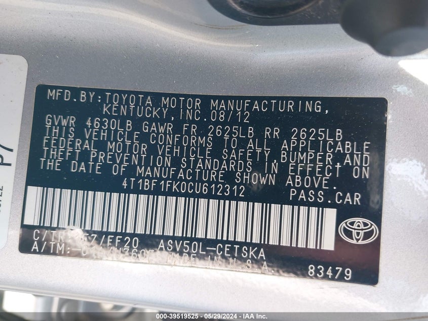 2012 Toyota Camry Se VIN: 4T1BF1FK0CU612312 Lot: 39519525